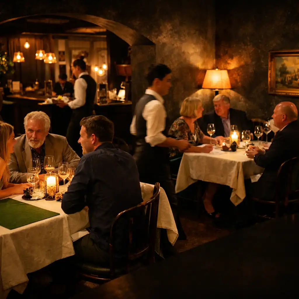 Meleg fényű, vendégeket fogadó esti esemény bistrohangulatban