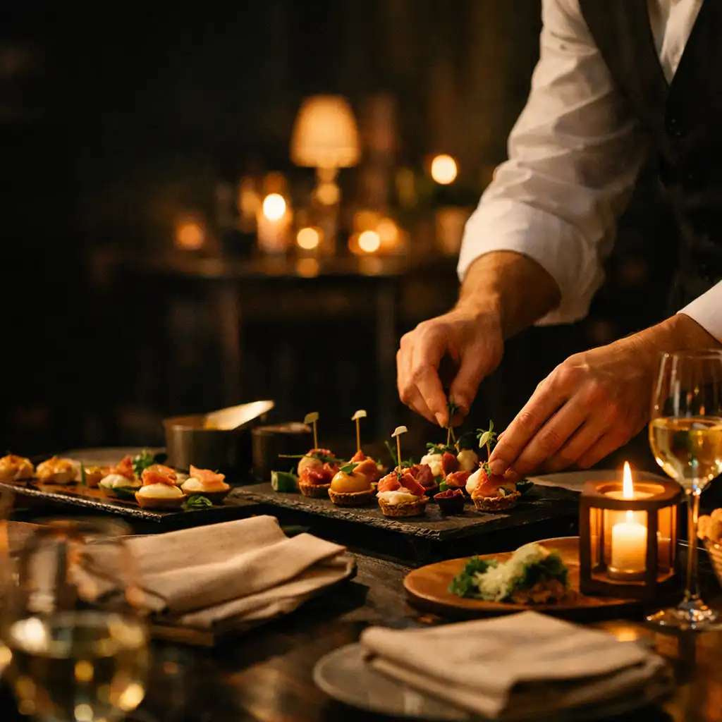 Meleg fényű helyszíni cateringasztal, ahol egy felszolgáló az utolsó részleteket rendezi