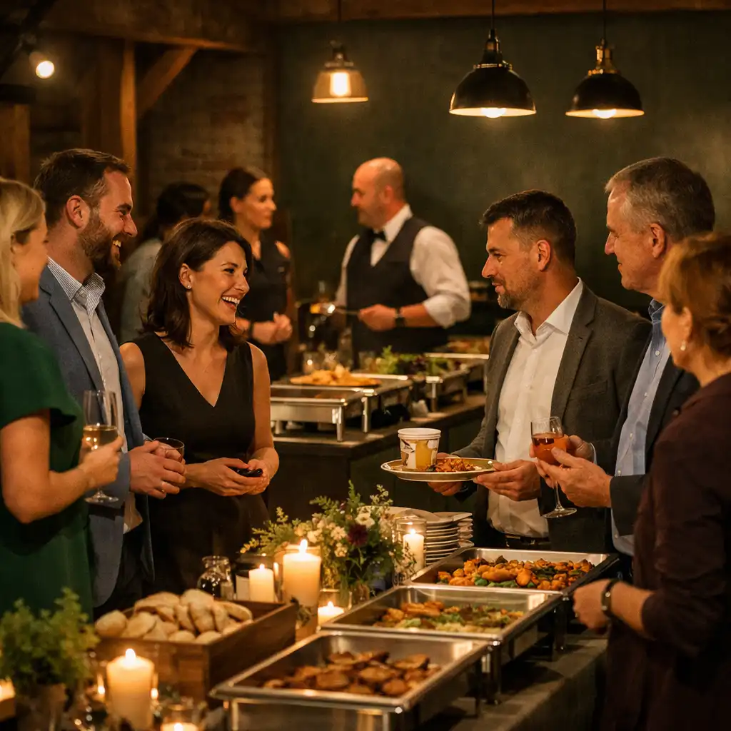 Kollégák beszélgetnek egy hangulatos helyszíni cateringasztal mellett egy céges eseményen