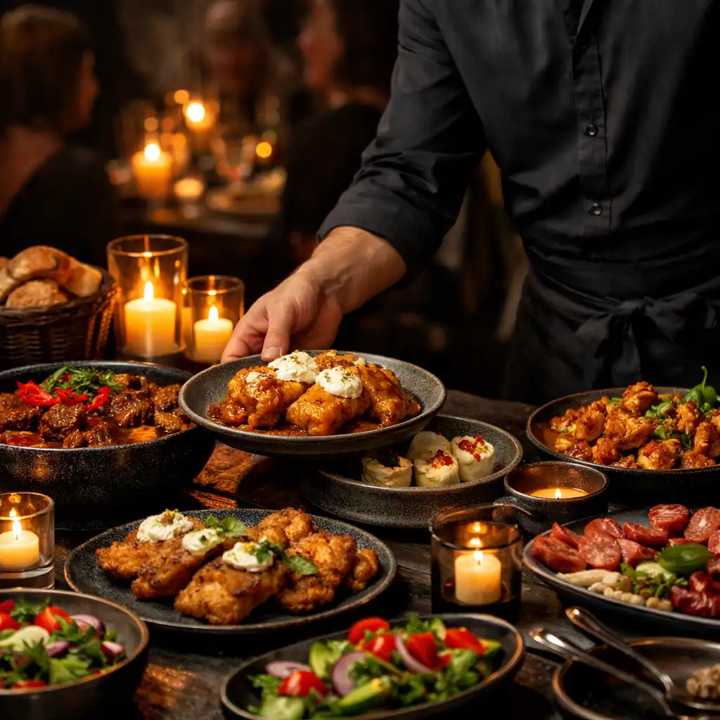 Felszolgáló gondosan tálalt fogásokat helyez el egy privát esemény cateringasztalán