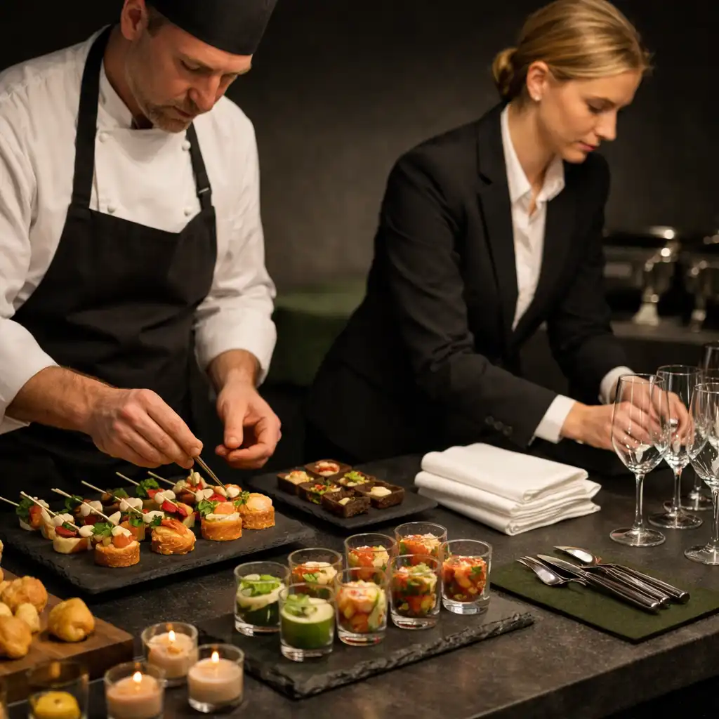Mobil catering előkészítése sötét bistroasztalon