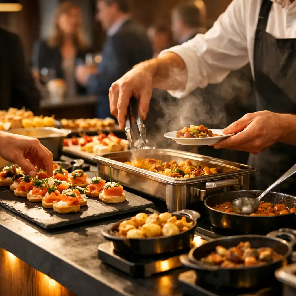 Professzionális személyzet mobil catering fogásokat készít elő