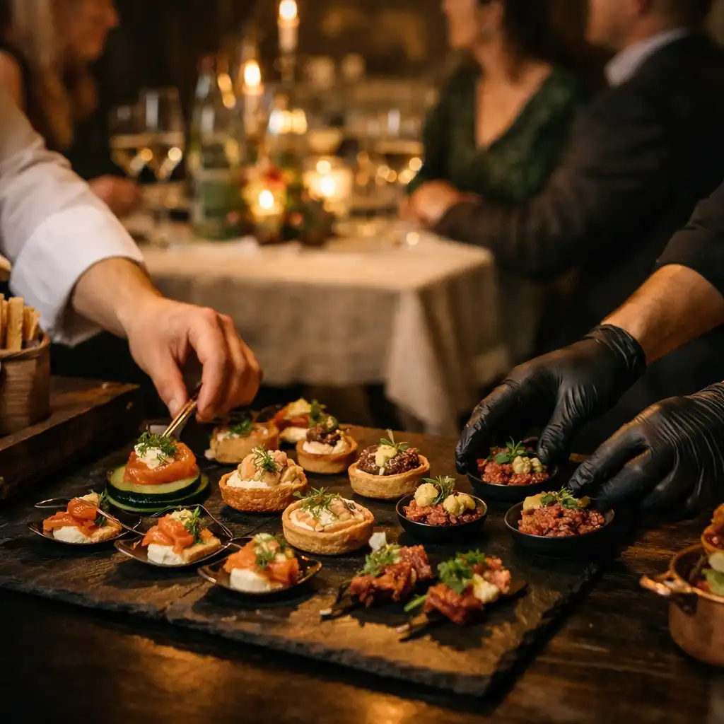Mobil catering kiszolgálás egy elegáns privát eseményen, háttérben filcasztallal