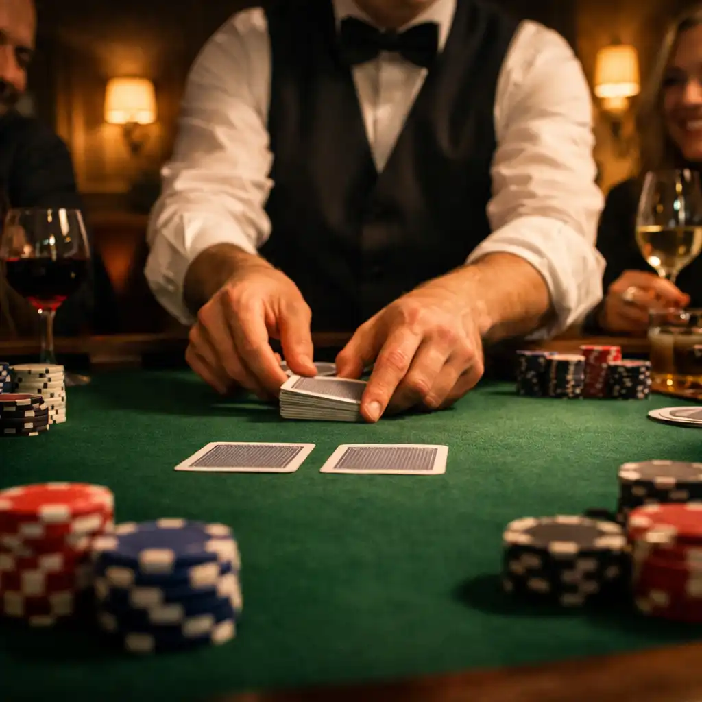 Zöld filcasztal és croupier keze egy elegáns privát offline pókeresten
