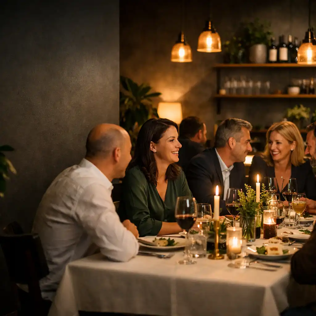 Felnőtt vendégek beszélgetnek egy meleg fényű, elegáns születésnapi vacsoraasztal körül
